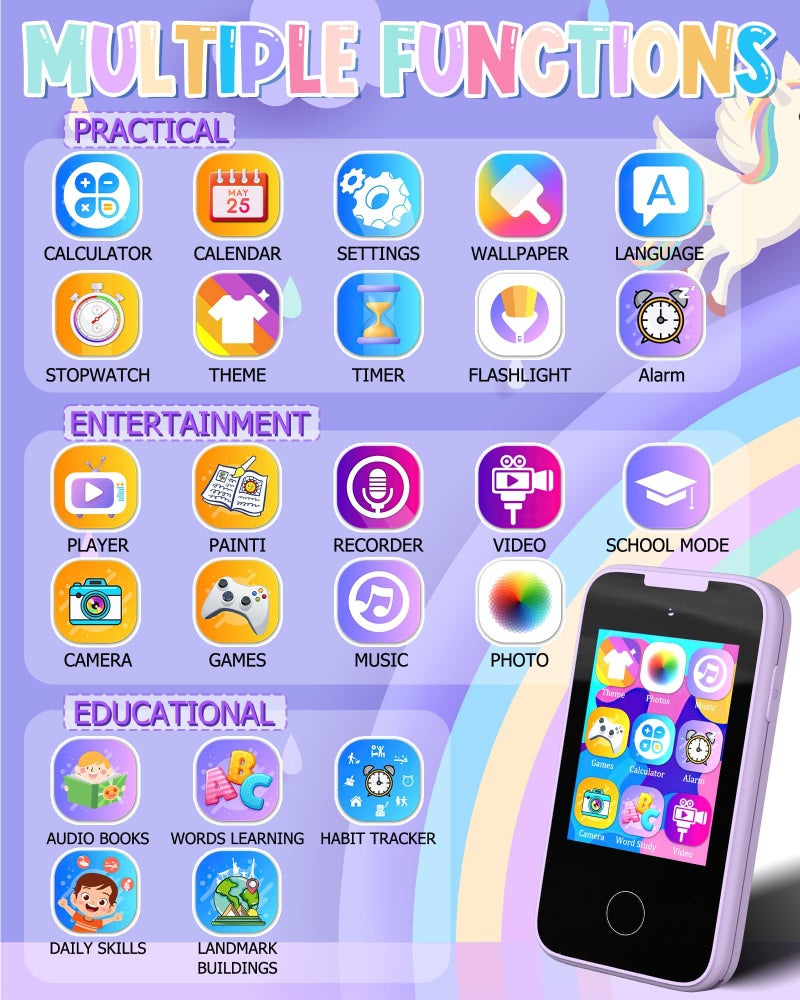 Vimorg Kids Smart Phone Gifts for Girls 68 Year OldTouchscreen Toy Cell Phone with Multi APPs 8G TF Card for Learning Play Christmas Birthday Gifts for Girls Age 3 4 5 6 7 8 9 PH0102 Purple - Image 3