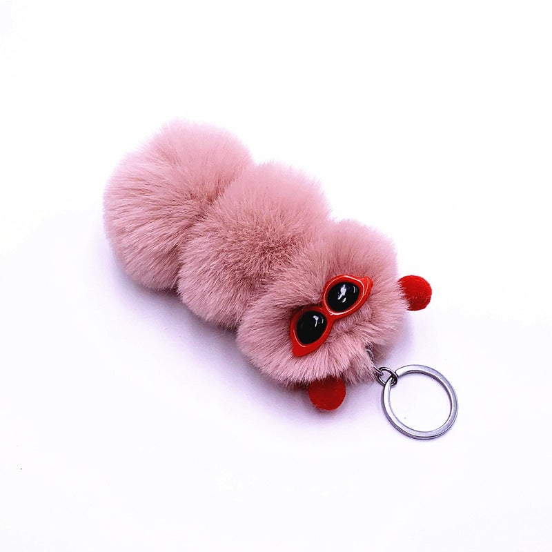 Cute Caterpillar Keychain Plush Charm Leather pink