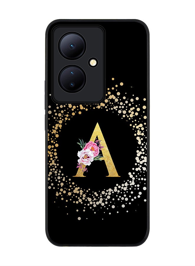 Stylizedd حافظة حواف سوداء متينة لهاتف Vivo V29 Lite، غلاف رفيع نحيف - حرف مونوغرام مخصص بنمط زهور - أ (أسود) - Image 1