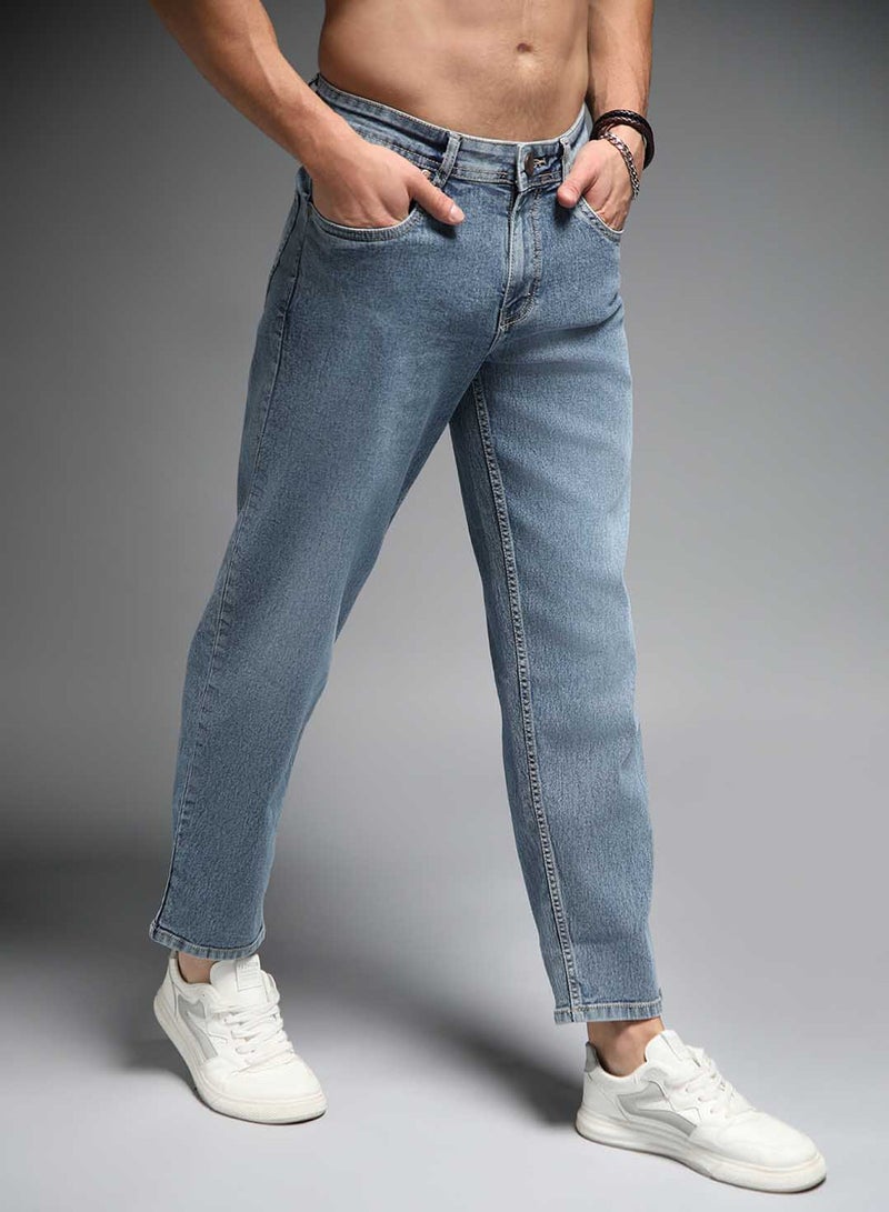 HIGH STAR Men's Blue 100% Cotton Solid Pattern Full Length Relaxed Jeans - Image 2