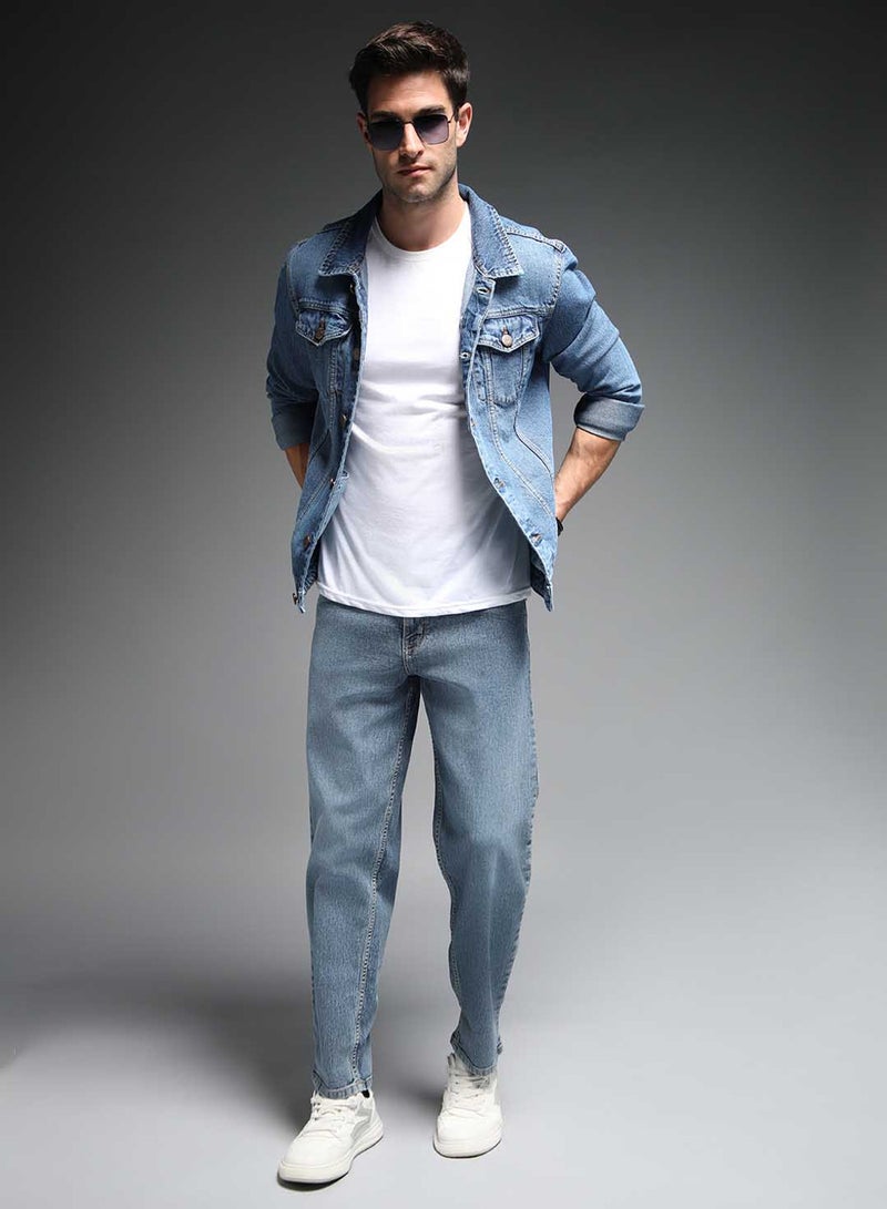 HIGH STAR Men's Blue 100% Cotton Solid Pattern Full Length Relaxed Jeans - Image 4