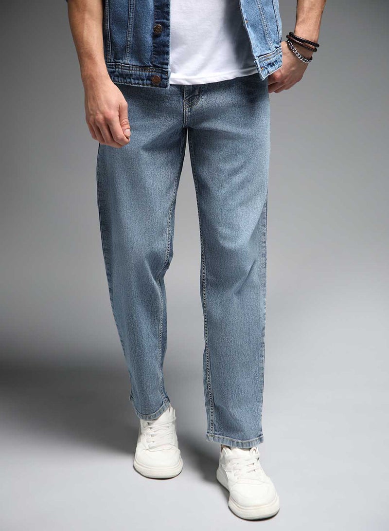 HIGH STAR Men's Blue 100% Cotton Solid Pattern Full Length Relaxed Jeans - Image 1
