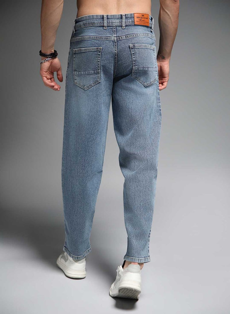 HIGH STAR Men's Blue 100% Cotton Solid Pattern Full Length Relaxed Jeans - Image 3