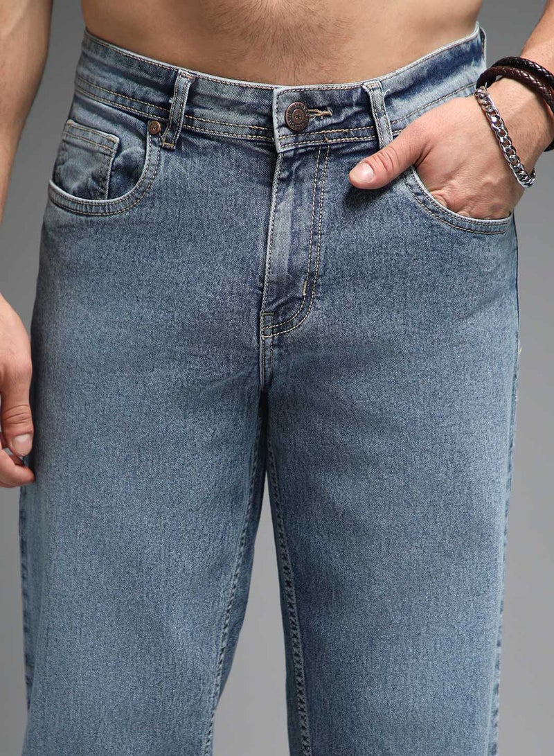 HIGH STAR Men's Blue 100% Cotton Solid Pattern Full Length Relaxed Jeans - Image 5