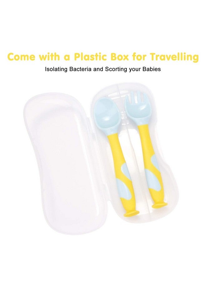 كيوشاير ملاعق أدوات طعام الأطفال من كيو شير مع حقيبة سفر آمنة، ملعقة تدريب على تغذية الأطفال الصغار سهلة الإمساك وقابلة للانحناء، ملاعق مثالية لتعلم التغذية الذاتية (لون أصفر مص) - Image 1