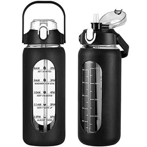 kytffu 56oz Glass Water Bottles with Straw Motivational Glass Bottle with Silicone Sleeve and Time Marker Leakproof Large Glass Water Jug for Gym Home Office Black