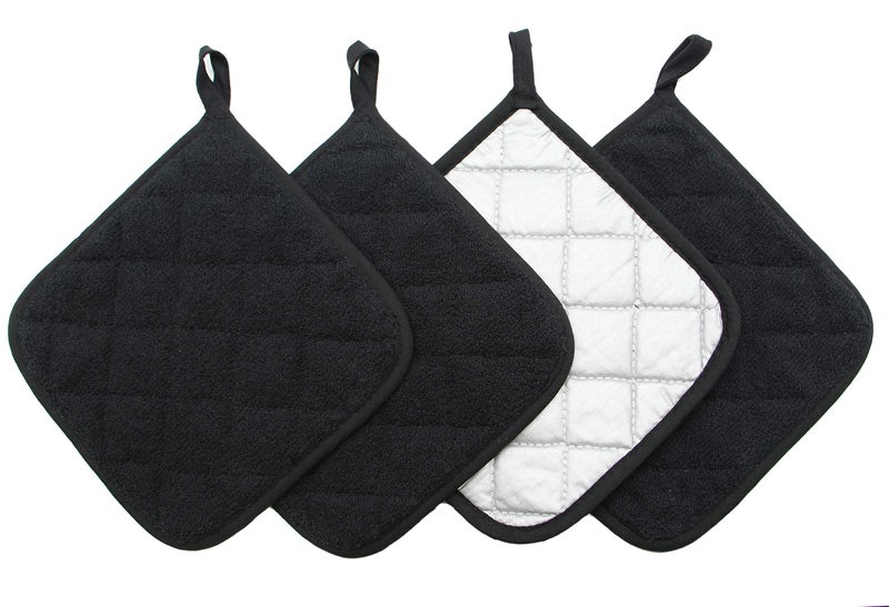 Cotton Pot Holders Cotton Made Machine Washable Heat Resistant Everyday Kitchen Basic Terry Pot Holder Hot Pads Trivet for Cooking and Baking Set of 4 Black