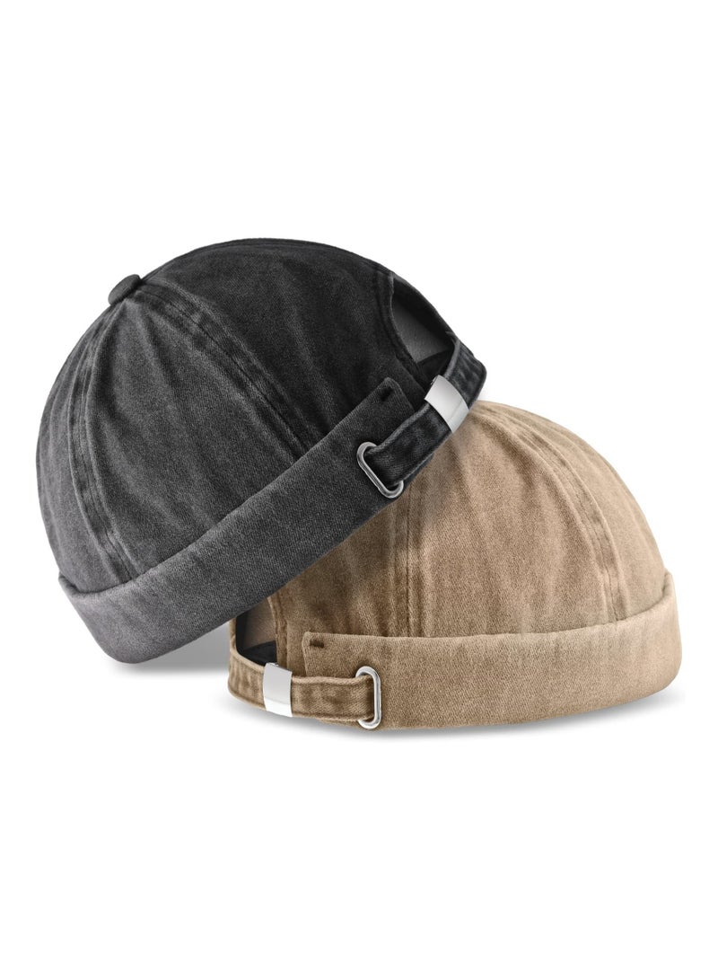 Captaintech 2 Pieces Brimless Hats for Men Adjustable Docker Hat Casual No Brim Hat Visor Less Flip Hat Sailor Skullcap Leather Buckle Street Casual Docker Beanie Skull Caps  - Image 1