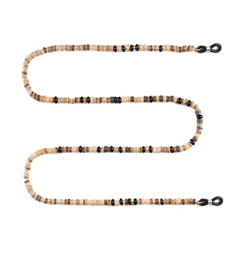 Minza Minza “Badia” Unisex Eyewear Chain, Coconut Wood, Onyx, Hematite & Silver Accents, Handmade Glasses Chain for Sunglasses & Eyeglasses, Neutral Desert-Inspired Eyewear Accessory.