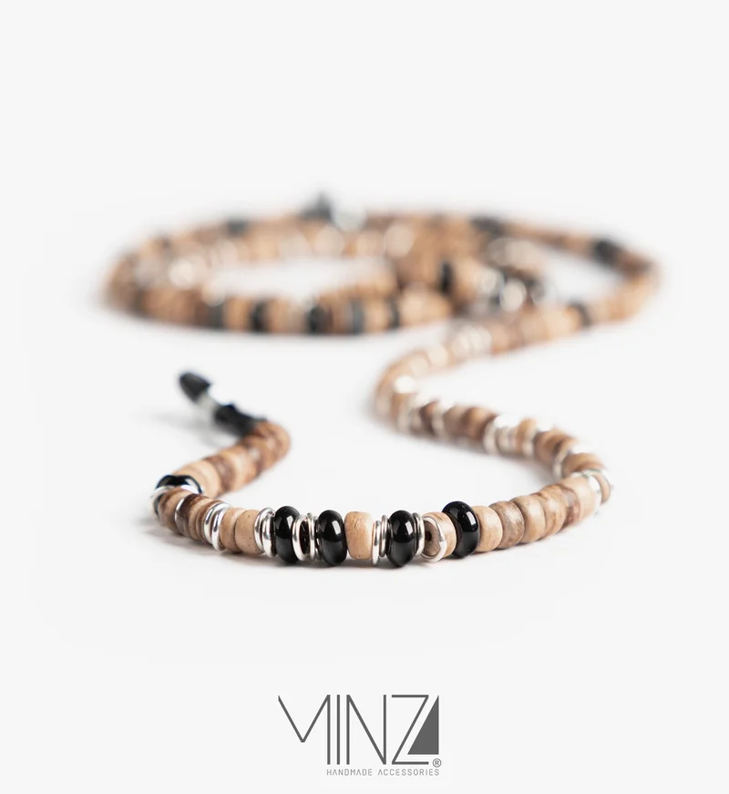 Minza Minza “Badia” Unisex Eyewear Chain, Coconut Wood, Onyx, Hematite & Silver Accents, Handmade Glasses Chain for Sunglasses & Eyeglasses, Neutral Desert-Inspired Eyewear Accessory.