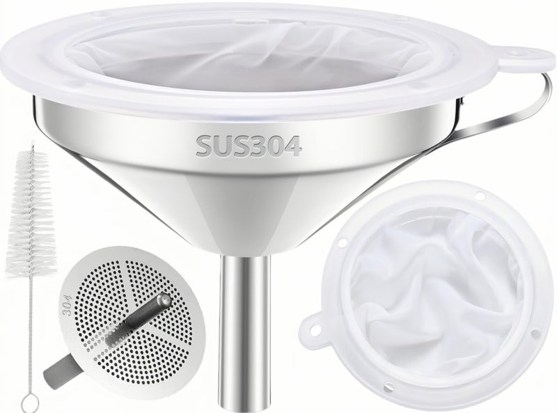 voxmude Funnel for Filling Bottles, 5 Inch Food Grade 18/8 Stainless Steel Kitchen Funnel with 200 Mesh Filter Strainer for Fryer Oil Grease Juice Milk Coffee - Image 1