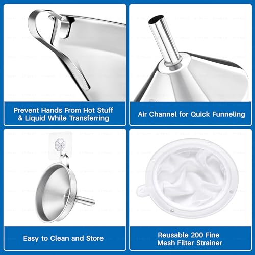 voxmude Funnel for Filling Bottles, 5 Inch Food Grade 18/8 Stainless Steel Kitchen Funnel with 200 Mesh Filter Strainer for Fryer Oil Grease Juice Milk Coffee - Image 3