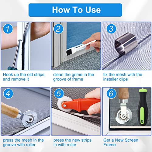 WIWAPLEX Window Screen Repair Kit Mesh Screen Spline Roller Repair Tools Kit with Screen Installer Clips, Metal and Plastic Spline Fixing Tool Kit for Window Screen - Image 4