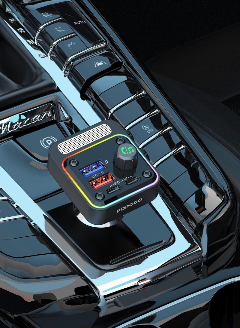 porodo Quick-Charge FM Car Charger (Dual USB-C & USB-A) PD 36W - Black - Image 3