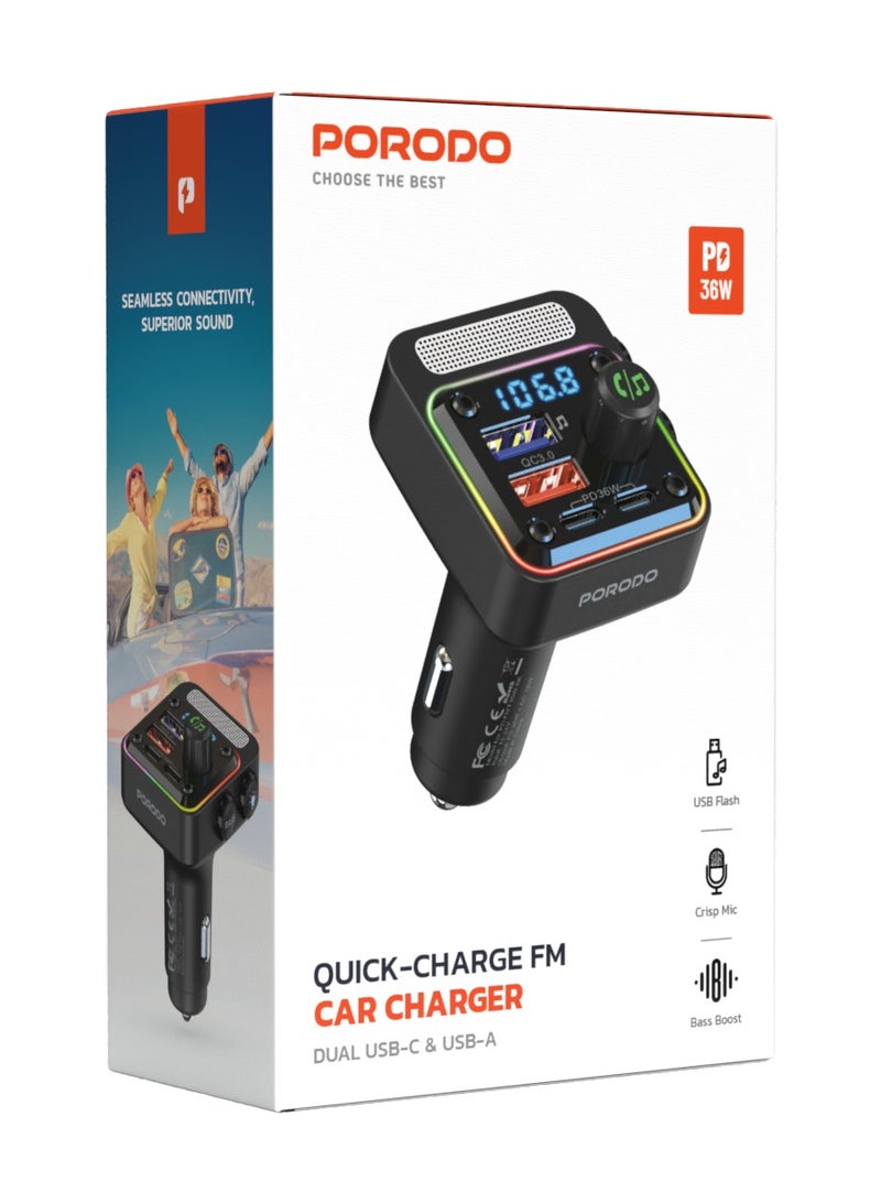porodo Quick-Charge FM Car Charger (Dual USB-C & USB-A) PD 36W - Black - Image 4