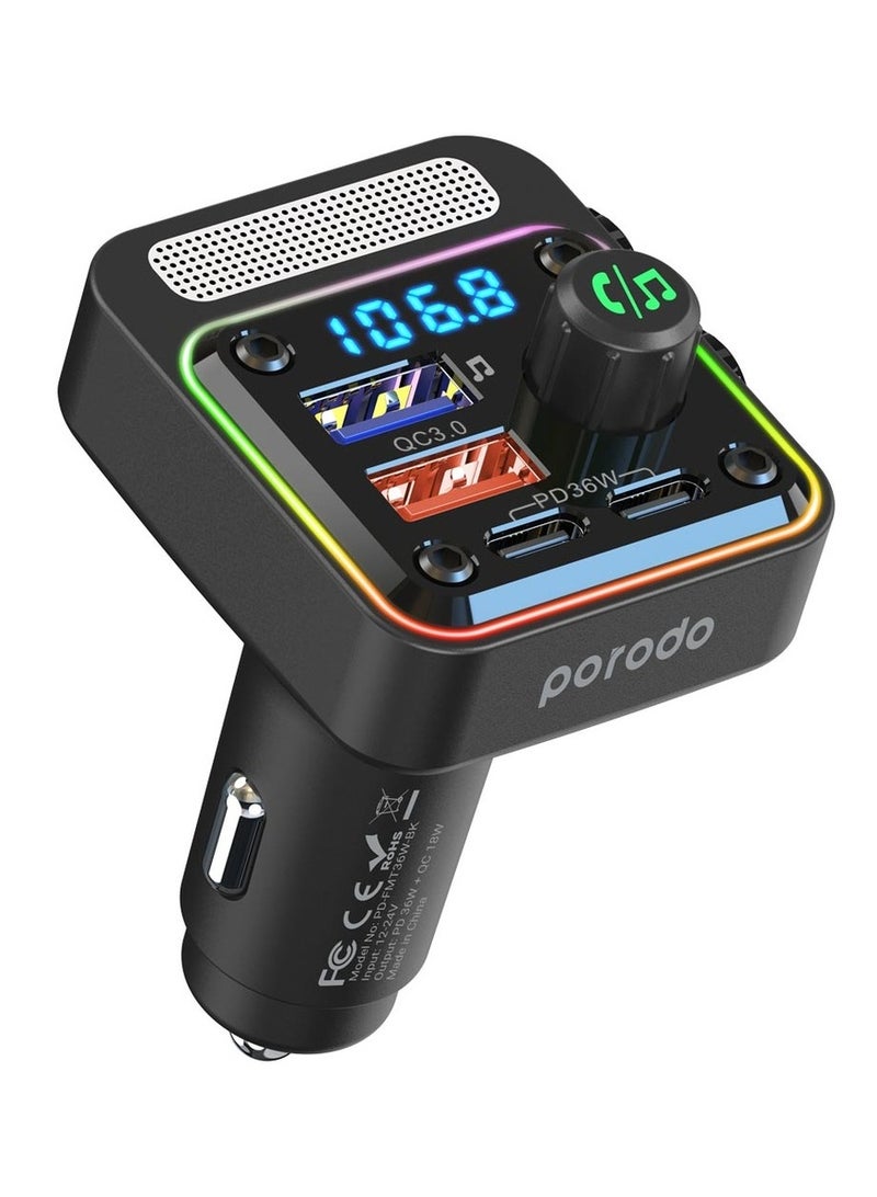 porodo Quick-Charge FM Car Charger (Dual USB-C & USB-A) PD 36W - Black - Image 1