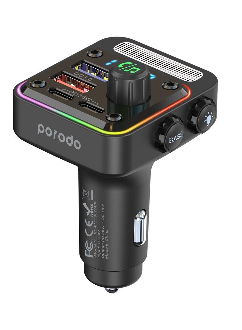 porodo Quick-Charge FM Car Charger (Dual USB-C & USB-A) PD 36W - Black - Image 2