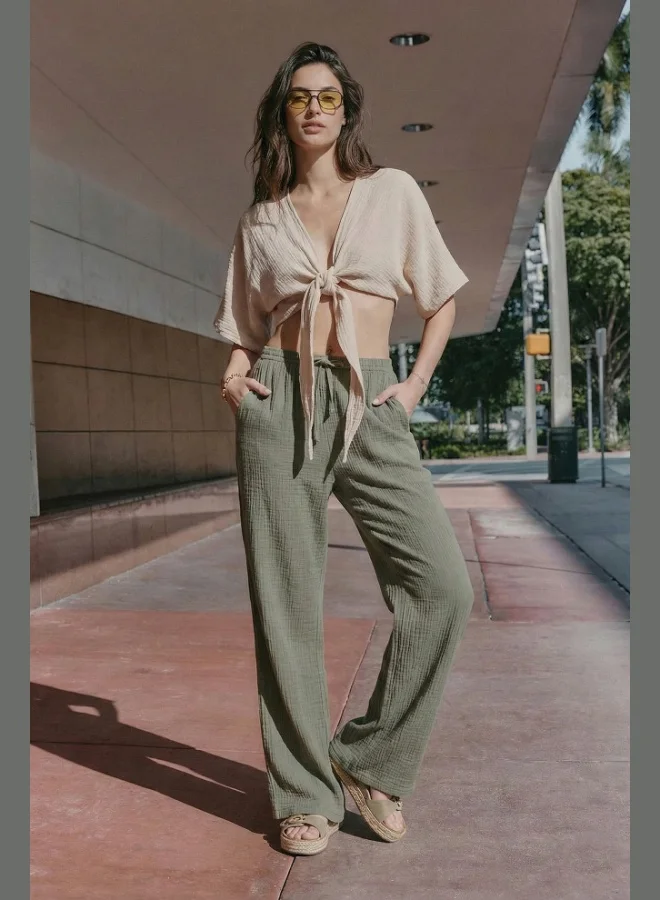 ليلا Lela Cotton Relaxed Fit Wide Leg Muslin Trousers Women's Pants 668YP5502