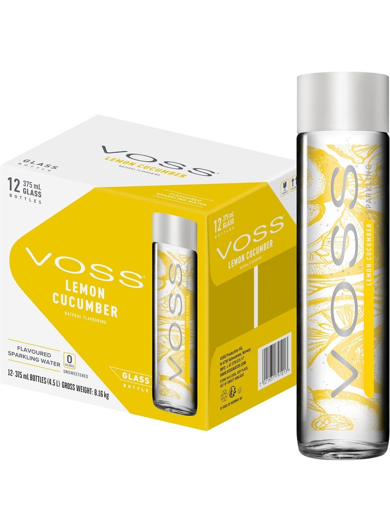 Voss Lemon Cucumber Flavoured Sparkling Water, Pack of 12 x 375ml Original Glass Bottles, Zero Calories, No Sugar, Naturally Sourced - Image 1