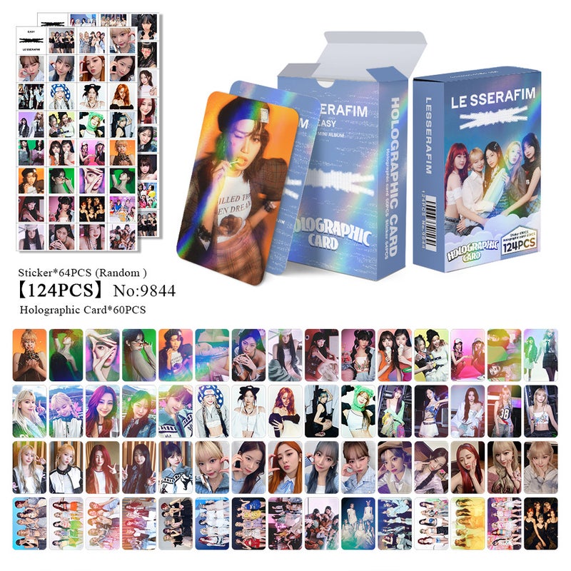 LE SSERAFIM 124PCS Holographic Cards & Star Stickers Set – 60PCS Holographic LOMO Cards + 64PCS Random Celebrity Stickers for DIY Scrapbooking, Album Decoration, Journaling, and Birthday Gift for Teens