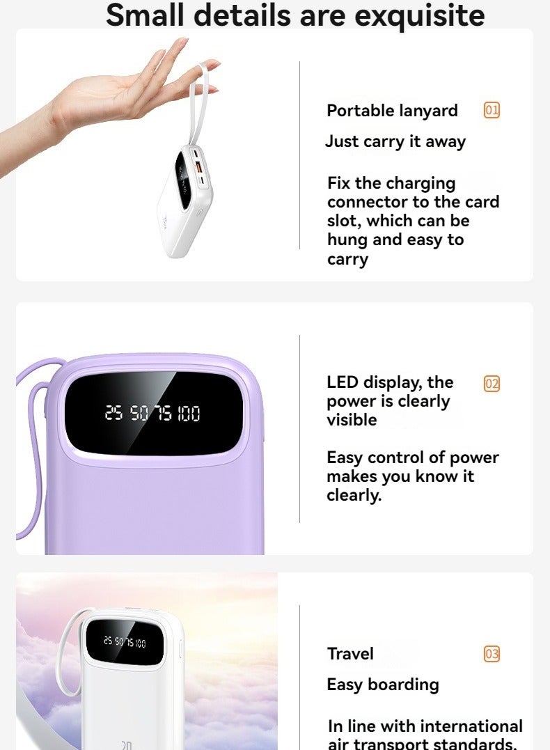 Loquat New digital display large capacity 10000 mAh power bank with built-in charging cable mini power bank (rose red) - Image 2