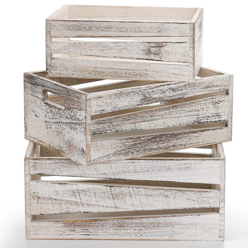 AVLA 3 Pack Wooden Storage Crates Rustic Nesting Container Bin with Handles Decorative Farmhouse Wood Basket Vintage Wood Box Display Risers for Home Kitchen Pantry Cabinet Shelf Counter
