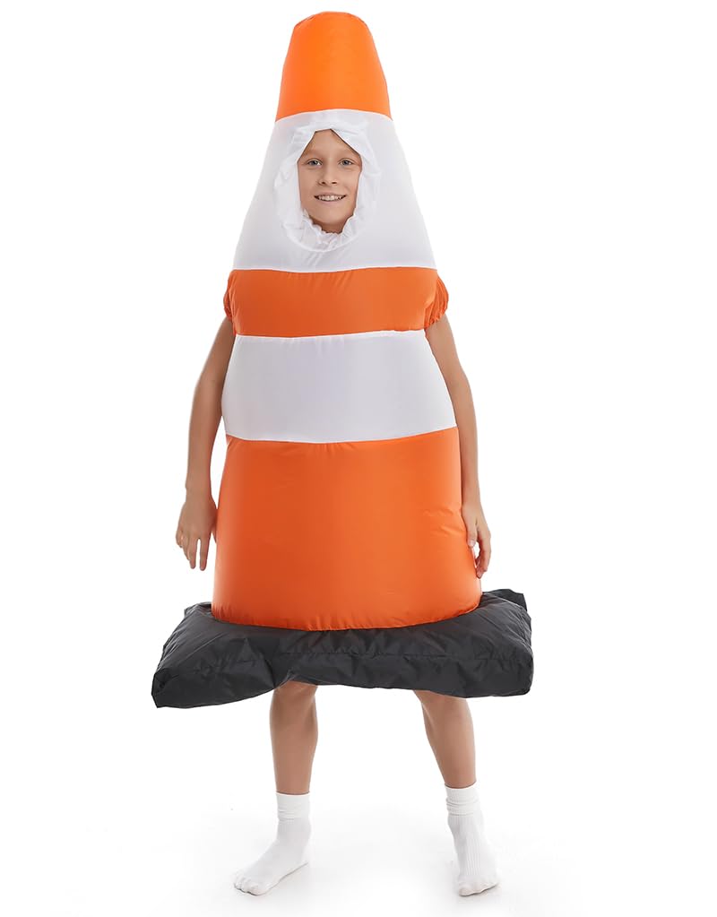 HSCTEK Inflatable Traffic Cone Costume Kids Boys Girls Blow Up Construction Cone Cosplay Child Halloween Safety Cone Costume Children Orange