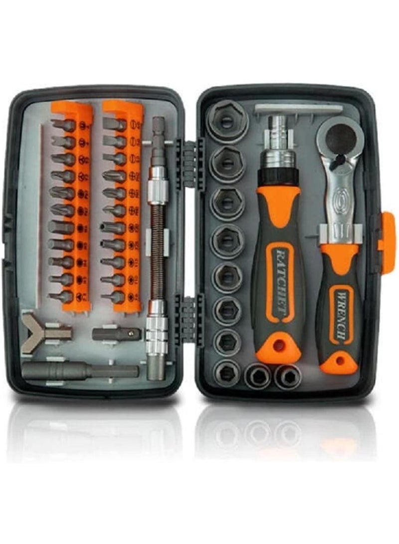 GGOOT General Household Tool Kit 38 in 1 Household Labor Saving Ratchet Screwdriver Bit Set Multipurpose Tool Kit Hardware Tools Combination Wrenches Toolbox H Compact Tool Set