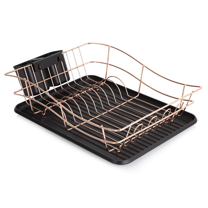 Tower T81400RB Dish Rack with Tray and 2 Removable Cutlery Holders Stainless Steel Black and Rose Gold Large