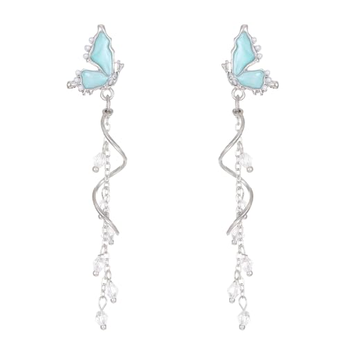MEENAZ Earrings For Women & Girls Stylish | Western Korean Earrings Blue | Butterfly Chain Long Silver Earrings | Danglers Crystal Drop Tribal Earrings Set for Women Meenakari Aesthetic - Image 1