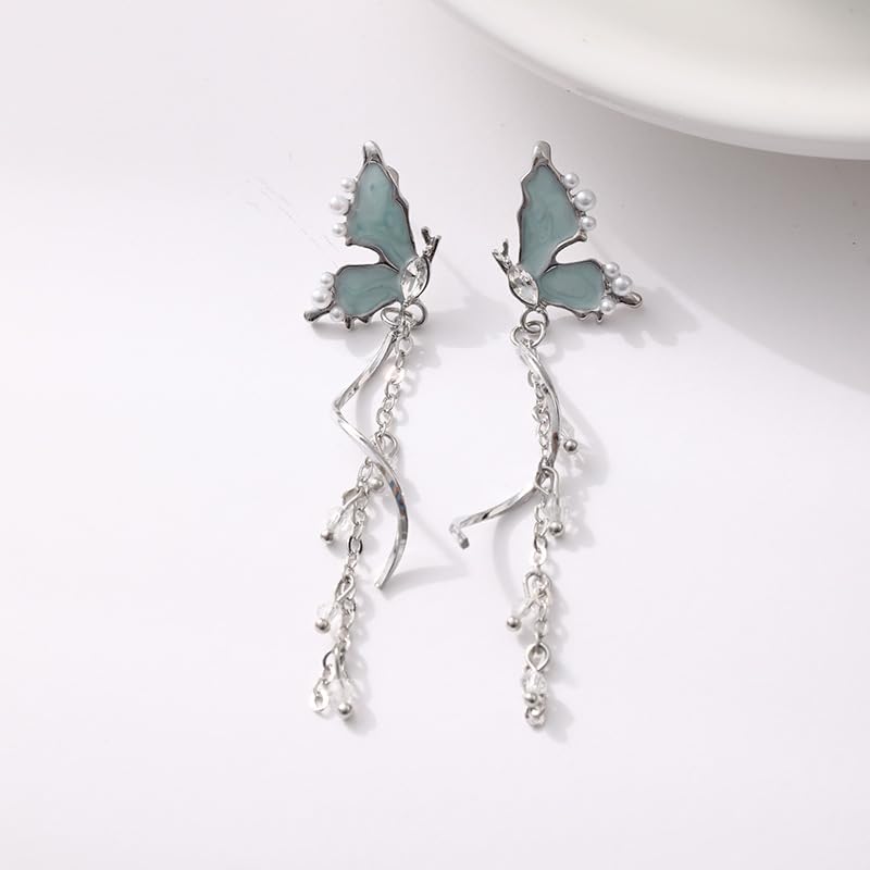 MEENAZ Earrings For Women & Girls Stylish | Western Korean Earrings Blue | Butterfly Chain Long Silver Earrings | Danglers Crystal Drop Tribal Earrings Set for Women Meenakari Aesthetic - Image 2