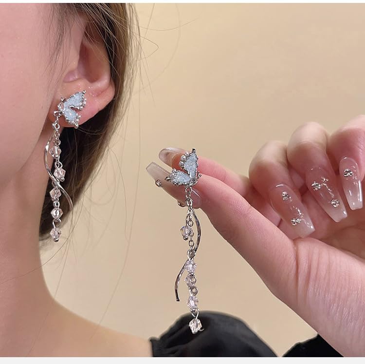 MEENAZ Earrings For Women & Girls Stylish | Western Korean Earrings Blue | Butterfly Chain Long Silver Earrings | Danglers Crystal Drop Tribal Earrings Set for Women Meenakari Aesthetic - Image 3