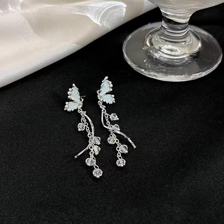 MEENAZ Earrings For Women & Girls Stylish | Western Korean Earrings Blue | Butterfly Chain Long Silver Earrings | Danglers Crystal Drop Tribal Earrings Set for Women Meenakari Aesthetic - Image 5