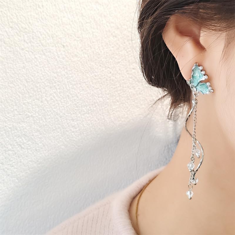 MEENAZ Earrings For Women & Girls Stylish | Western Korean Earrings Blue | Butterfly Chain Long Silver Earrings | Danglers Crystal Drop Tribal Earrings Set for Women Meenakari Aesthetic - Image 4