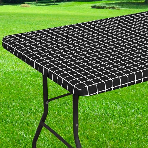 Spotjoy Rectangle Vinyl Table Cloth, Elastic Fitted Flannel Backed Plastic Table Covers for 6 Foot Folding Tables, Waterproof for Picnic, Camping, Indoor and Outdoor (Black, 30 x 72 inch) - Image 1