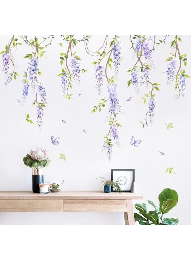 Supzone Hanging Flower Vine Wall Decal Purple Wisteria Floral Vine leaves Wall Stickers for Living Room Bedroom Sofa TV Background Wall Decor - Image 1