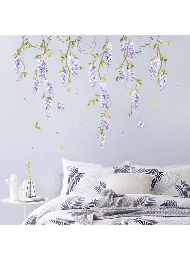 Supzone Hanging Flower Vine Wall Decal Purple Wisteria Floral Vine leaves Wall Stickers for Living Room Bedroom Sofa TV Background Wall Decor - Image 3