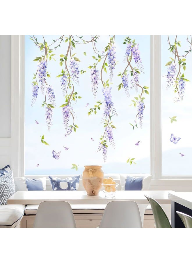 Supzone Hanging Flower Vine Wall Decal Purple Wisteria Floral Vine leaves Wall Stickers for Living Room Bedroom Sofa TV Background Wall Decor - Image 2