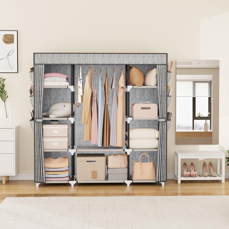 VTRIN Portable Closet Wardrobe for Hanging Clothes 57.3 Inch Large Capacity Clothes Rack with Cover, 10 Storage Organizer Shelves, 1 Hanging Rods and 6 Pockets, Free Standing Closet, Printing - Image 2