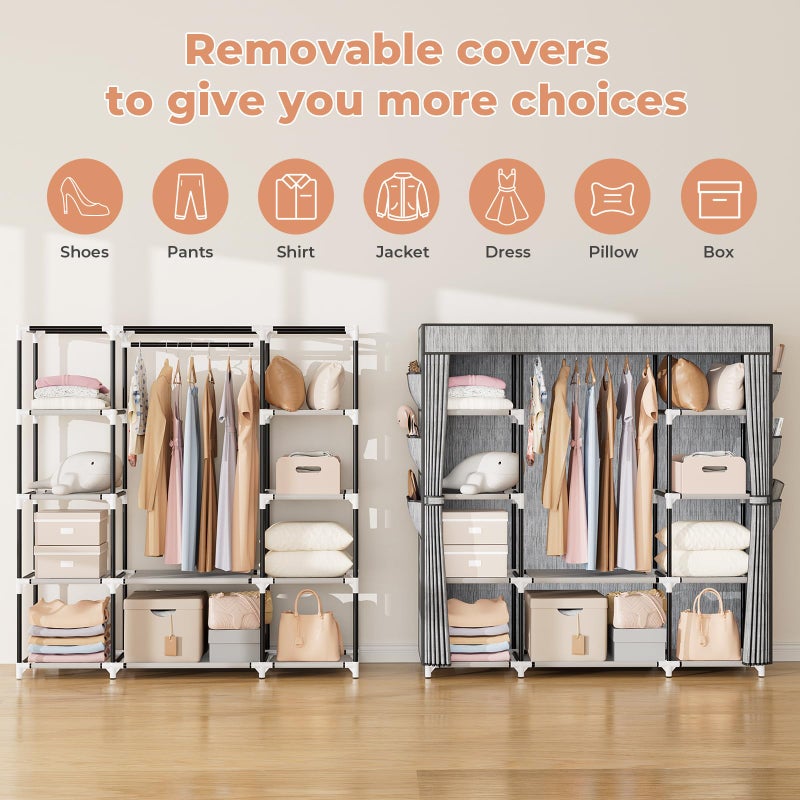 VTRIN Portable Closet Wardrobe for Hanging Clothes 57.3 Inch Large Capacity Clothes Rack with Cover, 10 Storage Organizer Shelves, 1 Hanging Rods and 6 Pockets, Free Standing Closet, Printing - Image 4