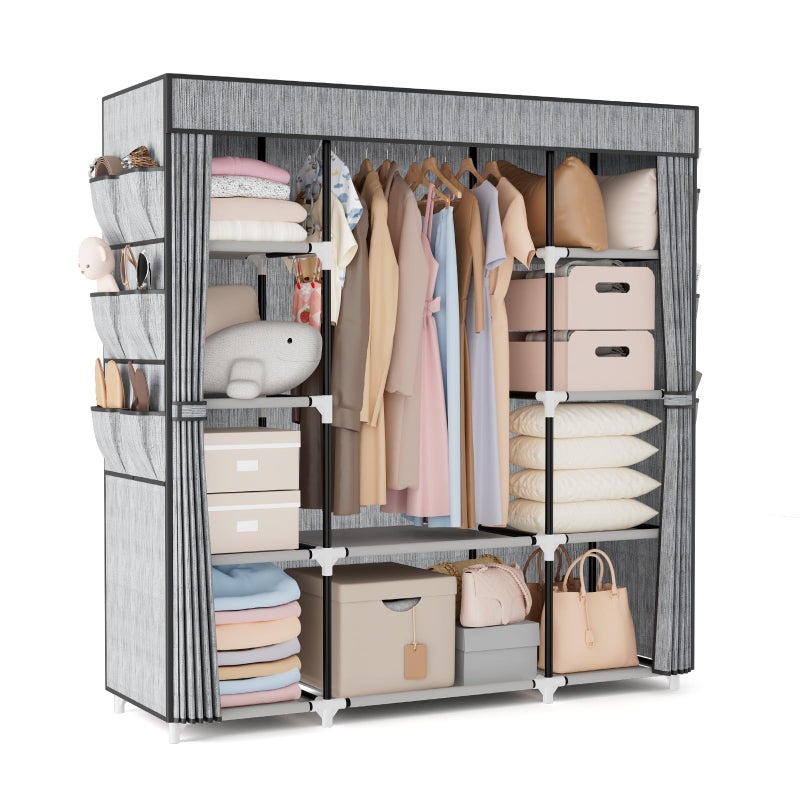 VTRIN Portable Closet Wardrobe for Hanging Clothes 57.3 Inch Large Capacity Clothes Rack with Cover, 10 Storage Organizer Shelves, 1 Hanging Rods and 6 Pockets, Free Standing Closet, Printing - Image 1