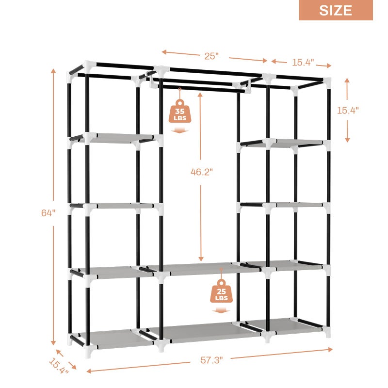 VTRIN Portable Closet Wardrobe for Hanging Clothes 57.3 Inch Large Capacity Clothes Rack with Cover, 10 Storage Organizer Shelves, 1 Hanging Rods and 6 Pockets, Free Standing Closet, Printing - Image 3