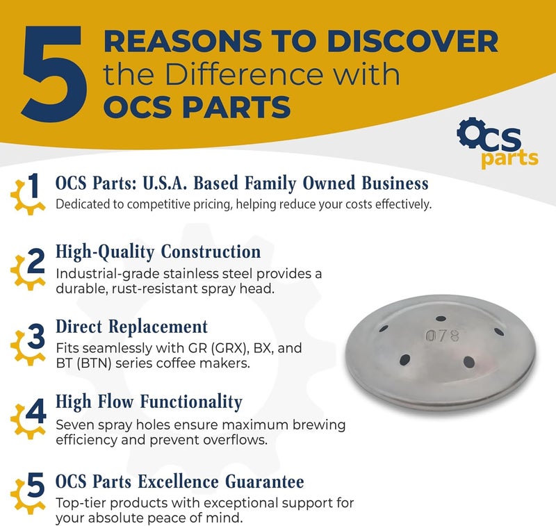 أوكس بارتس رأس رش بديل عالي التدفق من الفولاذ المقاوم للصدأ من OCS Parts | يستبدل رأس رش Bunn 01082.0003 في آلات القهوة وموزعات المشروبات الساخنة من Bunn (7 فتحات) - Image 2