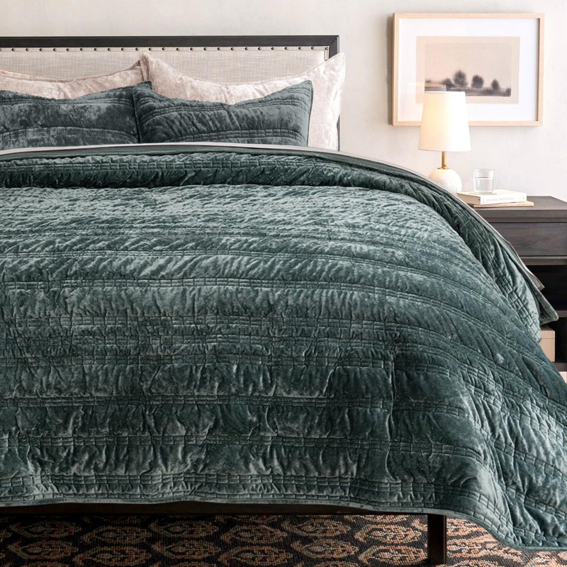 EVERGRACE Luxury Ruched Velvet Quilt King Size, Ultra Soft Bedspread Coverlet Set, Lightweight Velvet Comforter, Quilted Bedding Cover with 2 Matching Shams for All Season, Dark Green - Image 2