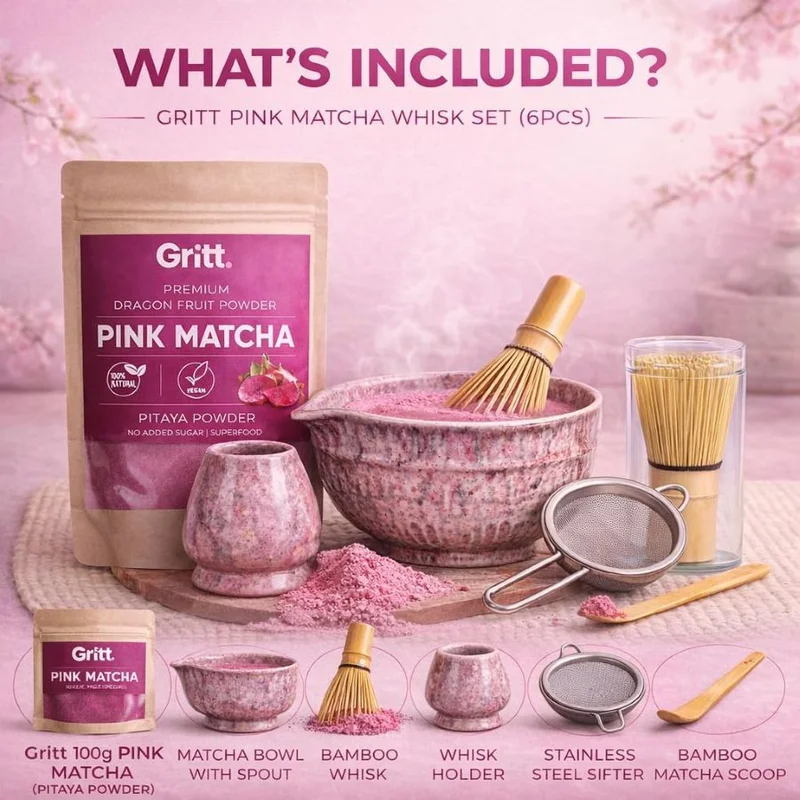 Gritt  Gritt Pink Matcha Whisk Set – Japanese Matcha Tea Set (6 pieces)  | Best Price UAE