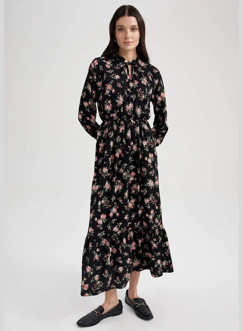 DeFacto Woman Elastic Waist Dress Tie Collar Long Sleeve Woven Dress