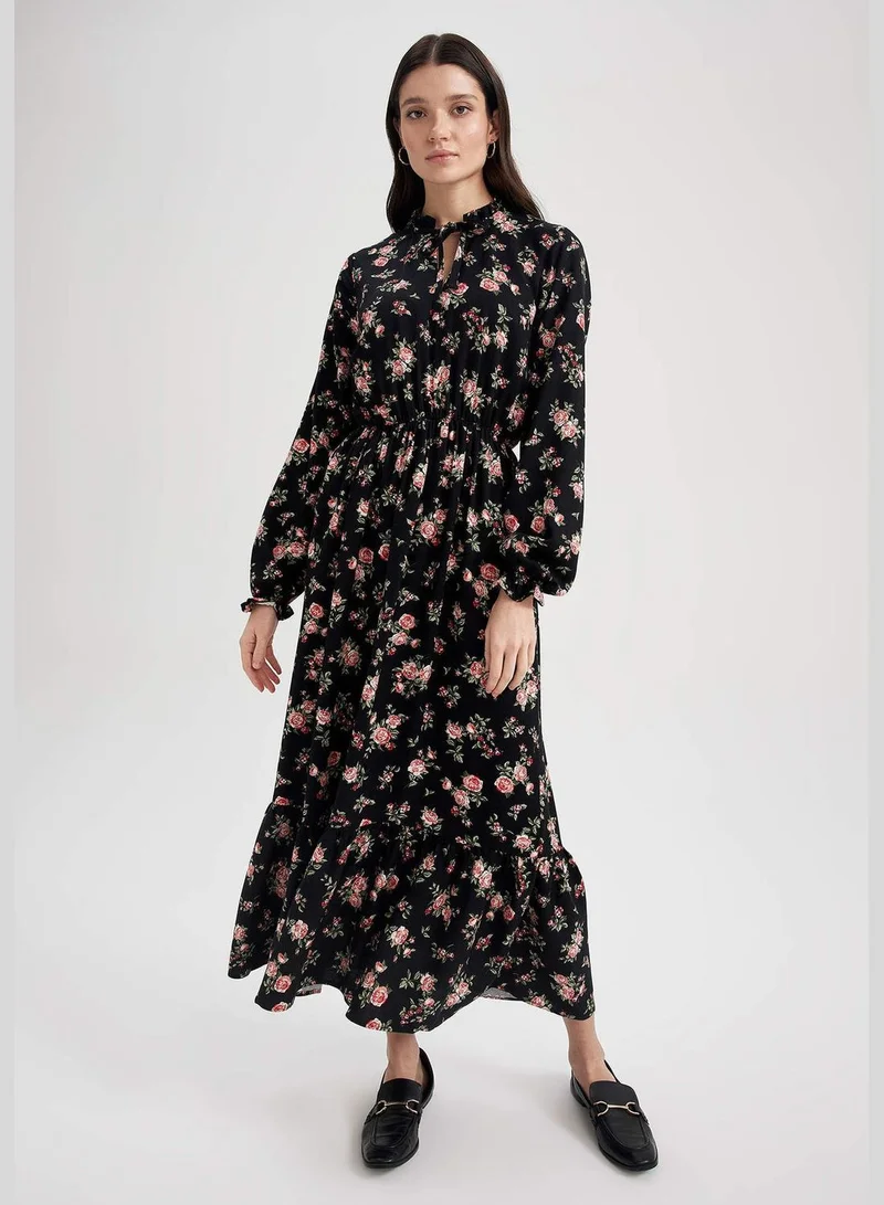 DeFacto Woman Elastic Waist Dress Tie Collar Long Sleeve Woven Dress
