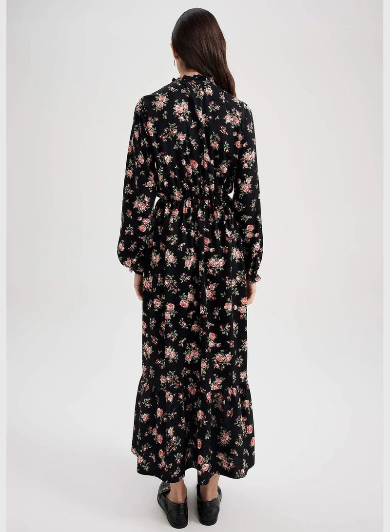 DeFacto Woman Elastic Waist Dress Tie Collar Long Sleeve Woven Dress