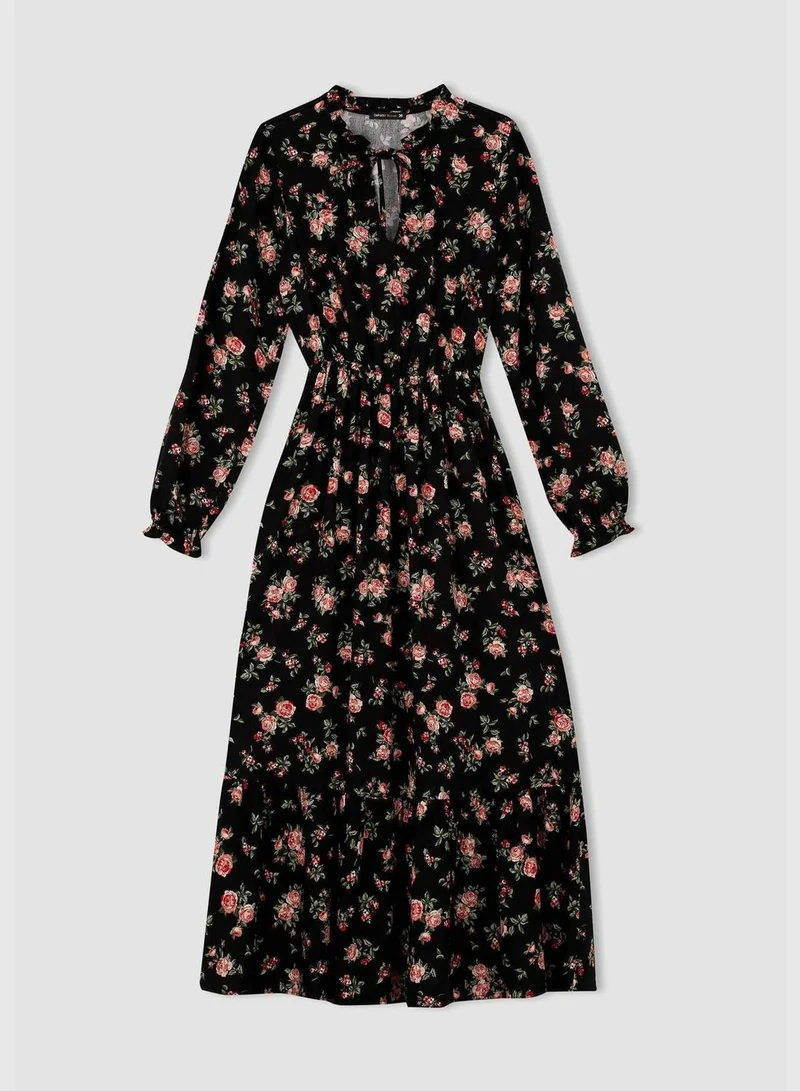 DeFacto Woman Elastic Waist Dress Tie Collar Long Sleeve Woven Dress