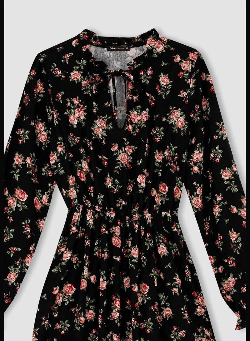 DeFacto Woman Elastic Waist Dress Tie Collar Long Sleeve Woven Dress